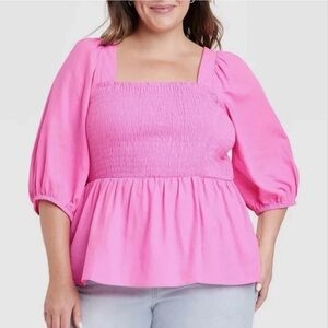 Ava & Viv Hot Pink Smocked Peplum Top 1X Puff Sleeve Square Neck